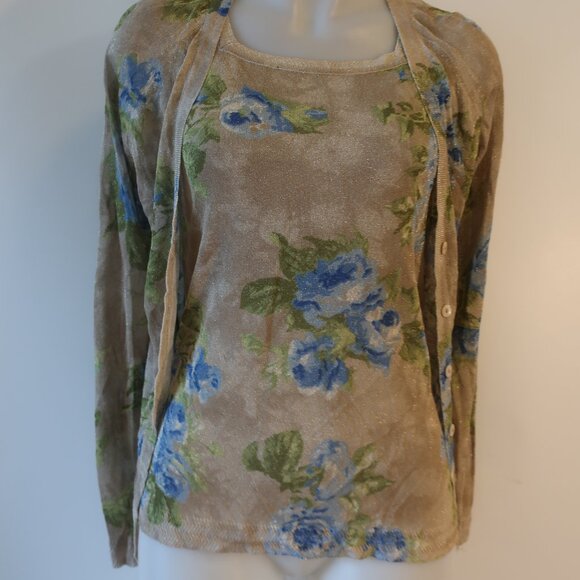 Escada Light Gold Metallic Floral 2PC Cardigan Sweater-Tank Set 34 EUR/US 2 - Picture 2 of 9